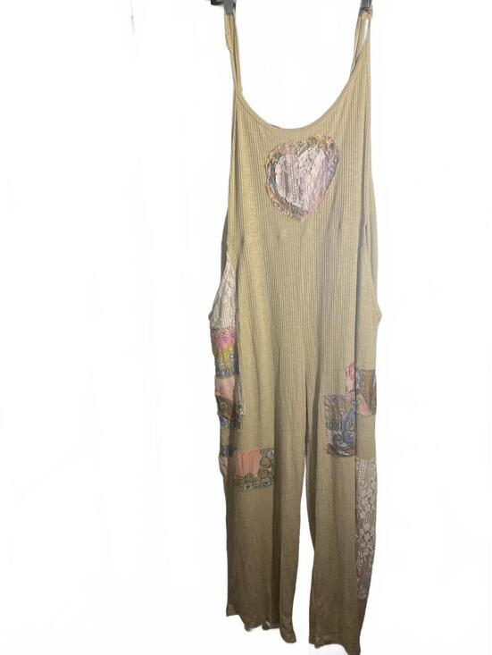 Pol Pants - POL Light Weight Ribbed Boho Sage Overalls with Floral Patch Details L